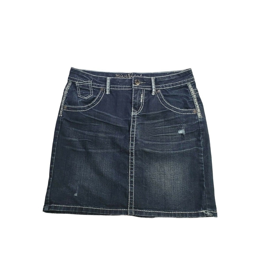 Maurices Skirt Size 5/6 Womens Dark Wash Solid Blue Distressed Midi Denim